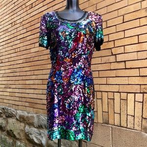 Vintage 90’s Black Tie by Oleg Cassini Sequin Silk Mosaic Dress Size 8